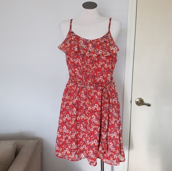Elle Dresses & Skirts - Elle Orange Floral Ruffle Fully Lined Round Neck Women's Dress Size 12 NWT
